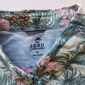 IZOD Saltwater Shirt XLarge Green Floral Hawaiian Tropical Print Cotton Shirt
